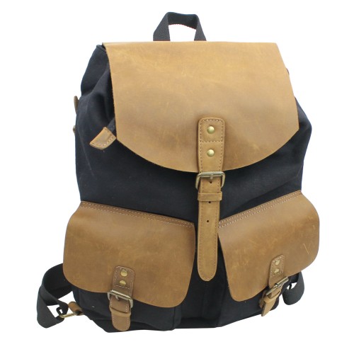 Sport Cowhide Leather Cotton Canvas Backpack C12. BLK