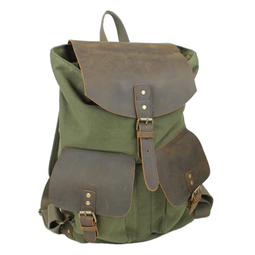 Sport Cowhide Leather Cotton Canvas Backpack C12.GRN