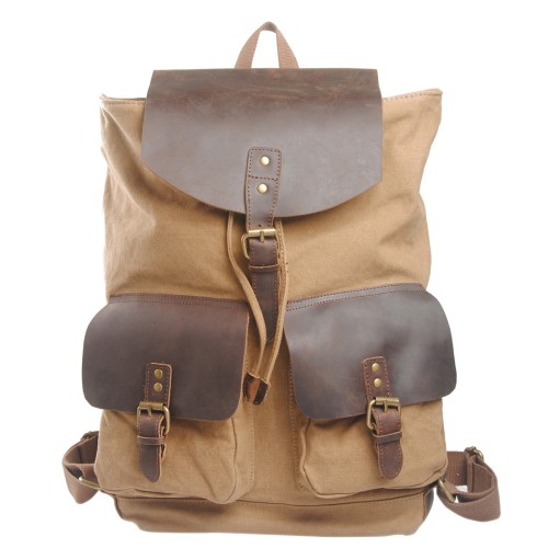 Sport Cowhide Leather Cotton Canvas Backpack C12. Khaki