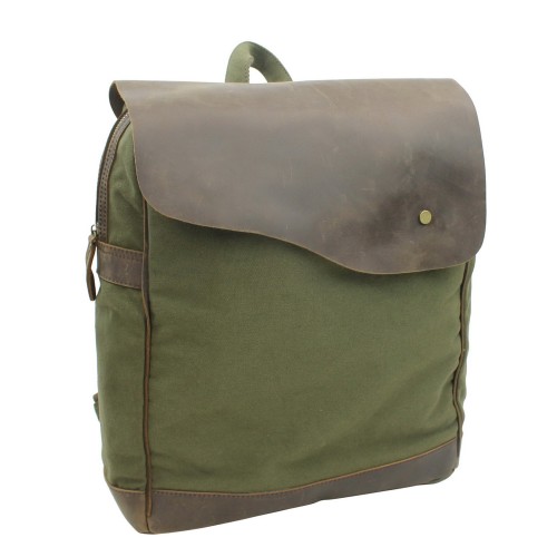 Sport Cowhide Leather Cotton Canvas Backpack C15.GREEN