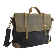 Casual Style Cowhide Leather Cotton Canvas Messenger Bag C41. BLK