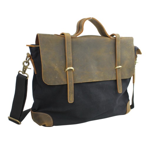 Casual Style Cowhide Leather Cotton Canvas Messenger Bag C41. BLK