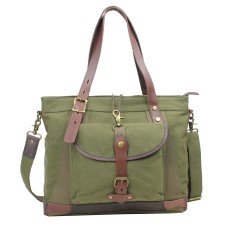 Casual Style Art Design Cowhide Cotton Canvas Shoulder Bag C42.Green