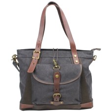 Casual Style Art Design Cowhide Cotton Canvas Shoulder Bag C42.Grey