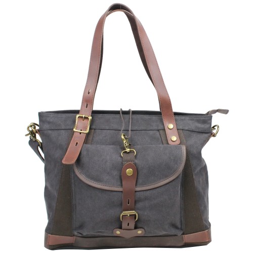 Casual Style Art Design Cowhide Cotton Canvas Shoulder Bag C42.Grey