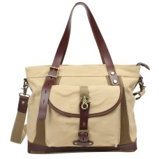 Casual Style Art Design Cowhide Cotton Canvas Shoulder Bag C42. Khaki