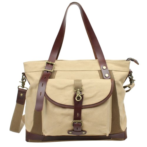 Casual Style Art Design Cowhide Cotton Canvas Shoulder Bag C42. Khaki