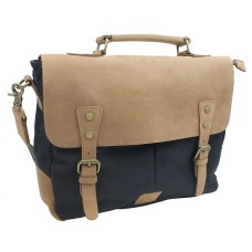 Casual Style Cowhide Leather Cotton Canvas Laptop Bag C43. BLK