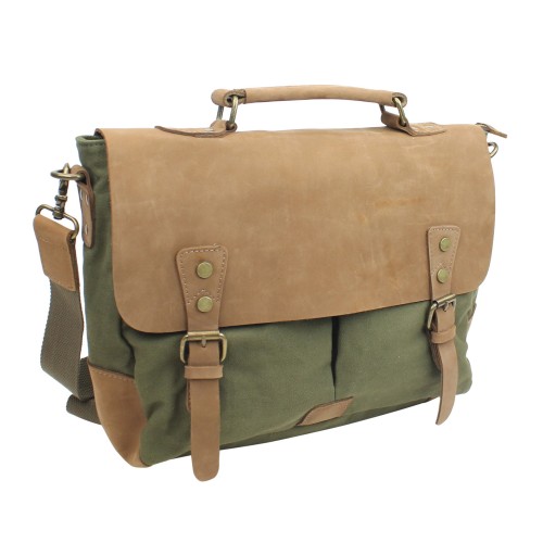 Casual Style Cowhide Leather Cotton Canvas Laptop Bag C43.GRN