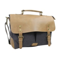 Casual Style Cowhide Leather Cotton Canvas Laptop Bag C43.Grey