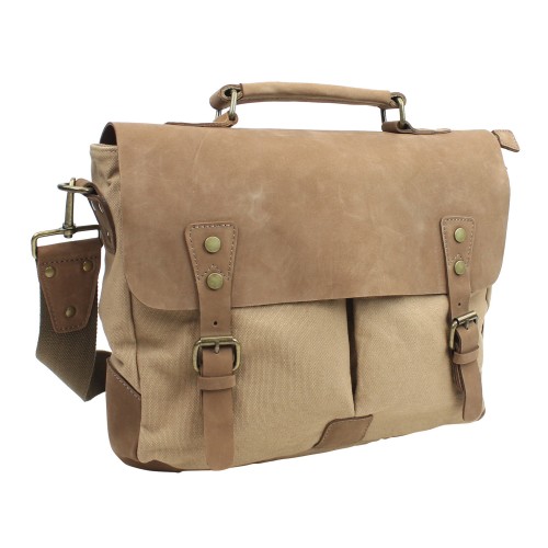 Casual Style Cowhide Leather Cotton Canvas Laptop Bag C43.Khaki